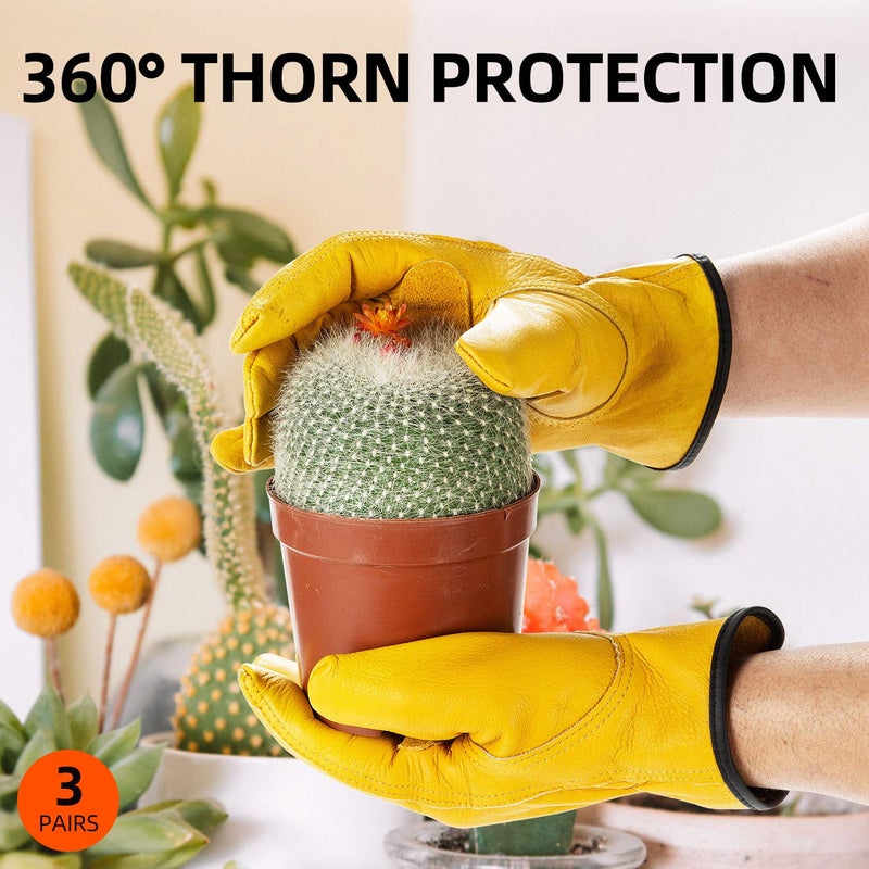 Vgo... 3-Pairs Unlined Cow Grain Leather Work and Driver Gloves with Cow Split Leather Palm Patch (Size XL, Gold,CA9590) - Image 4